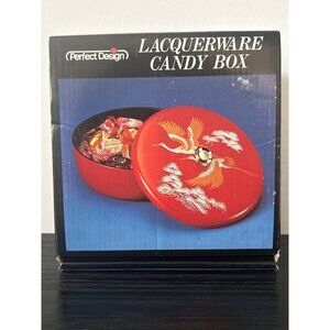 VTG Red Lacquerware Candy Box Crane & Pine Tree Motif Made in Japan Original Box